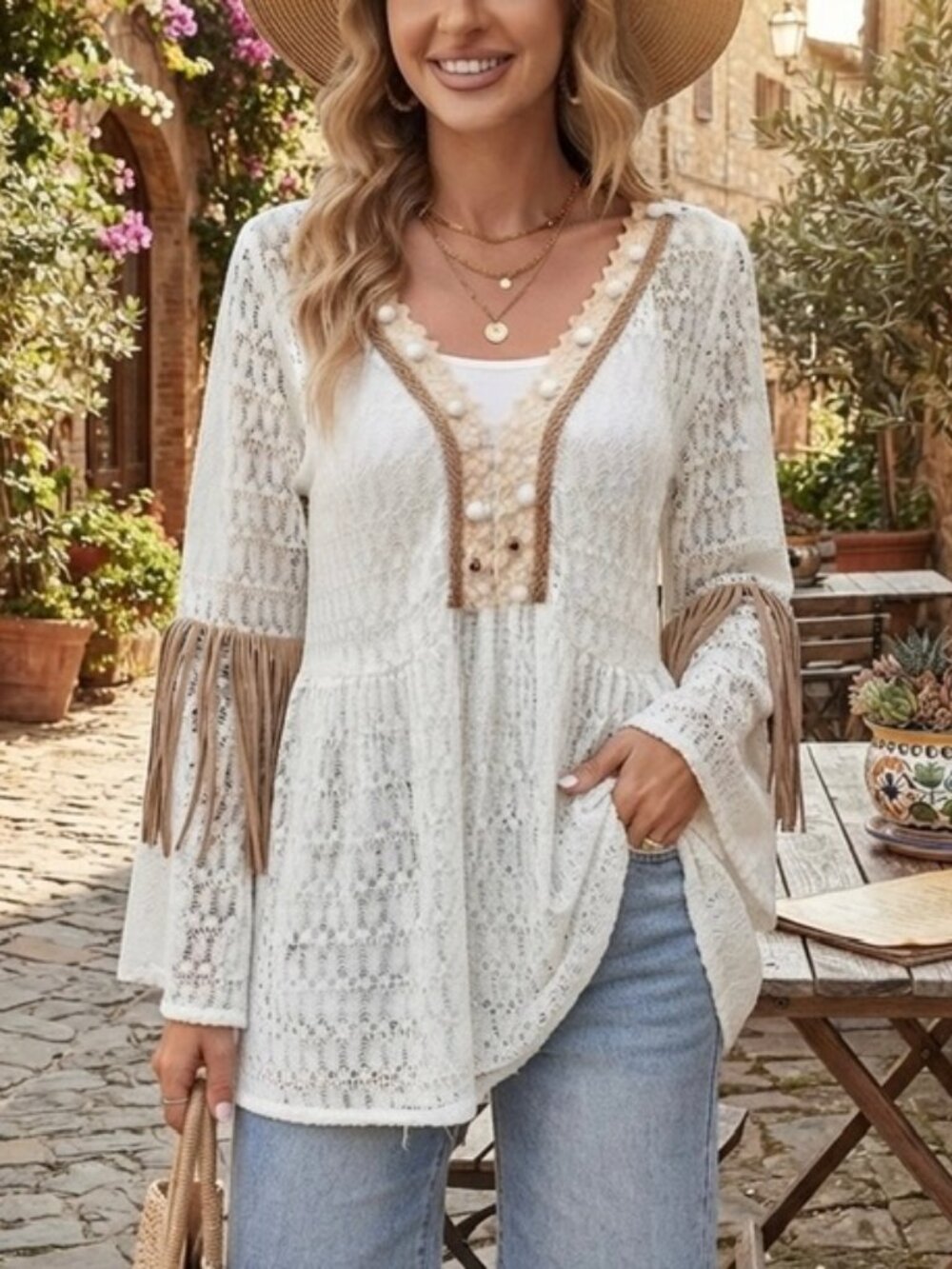 Luxe Moda Ivory Open Weave Crochet Top Large Fringes Boho Festival Hippie Retro